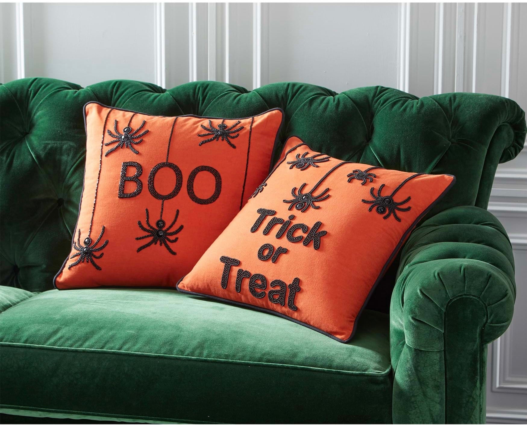 Orange Beaded BOO Spiders Halloween Decorative Pillow