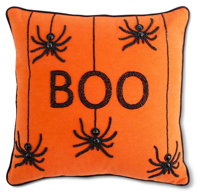 Orange Beaded BOO Spiders Halloween Decorative Pillow