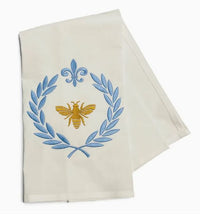 Embroidered Gold Bee on Blue Laurel Wreath Tea Towel