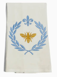 Embroidered Gold Bee on Blue Laurel Wreath Tea Towel