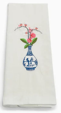 Embroidered Orchids in a Blue and White Vase Tea Towel