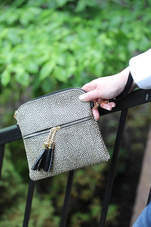 Black and Tan Fabric Crossbody with Double Tassels