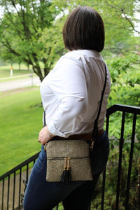 Black and Tan Fabric Crossbody with Double Tassels