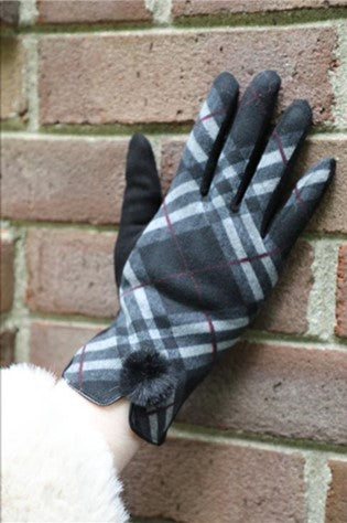 Black and Light Grey Plaid Gloves with Faux Fur Tuft