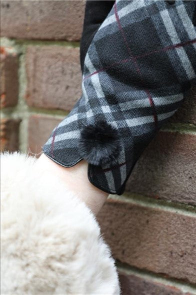 Black and Light Grey Plaid Gloves with Faux Fur Tuft