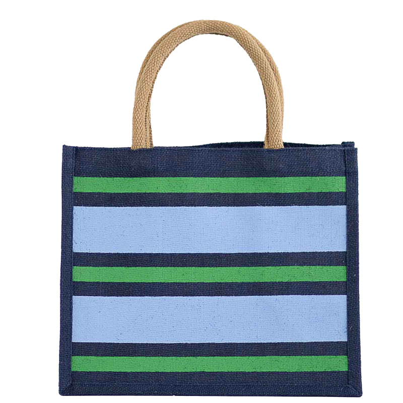 Blue and Green Jute Striped Gift Bag or Tote