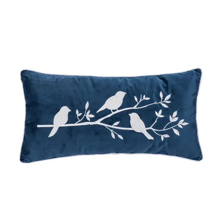Blue and White Bird Branch Pillow