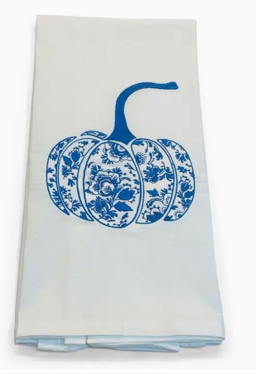 Embroidered Chinoiserie Pumpkin Blue and White Tea Towel