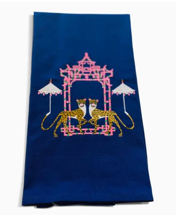 Embroidered Cheetah with Umbrella by Pink Pagoda Tea Towel