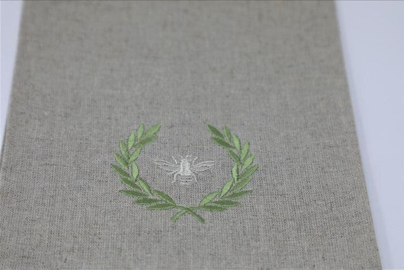 Green Embroidered French Bee Oatmeal Tea Towel