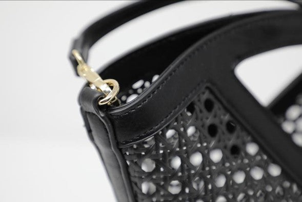 Ashlyn Rattan Bucket Bag/Crossbody in Black