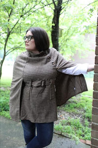 Brown and Beige Plaid Cape with Buttons and Belt