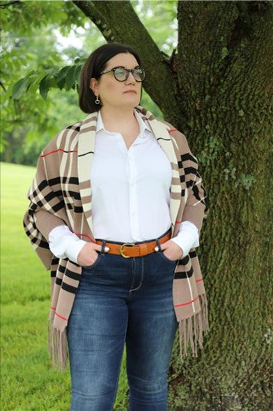 Reversible Multi-colored Plaid Shawl with Sleeves