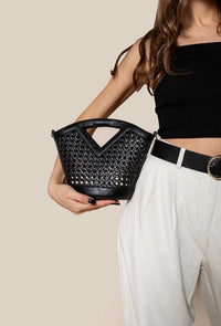 Ashlyn Rattan Bucket Bag/Crossbody in Black