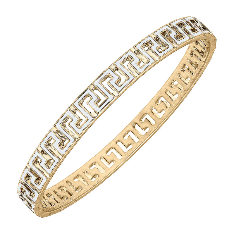 Greek Key Enamel Bangle - White