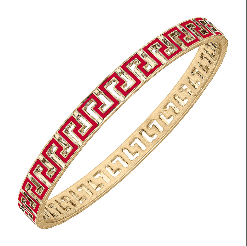 Greek Key Enamel Bangle - Red