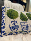 Blue & White Topiary in Chinoiserie Pot with Leopard Border Pillow