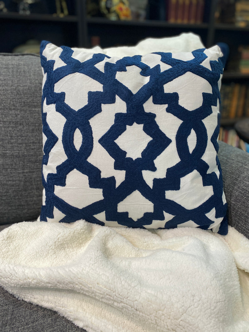 Square Knit White Pillow - Blue Geometric Pattern