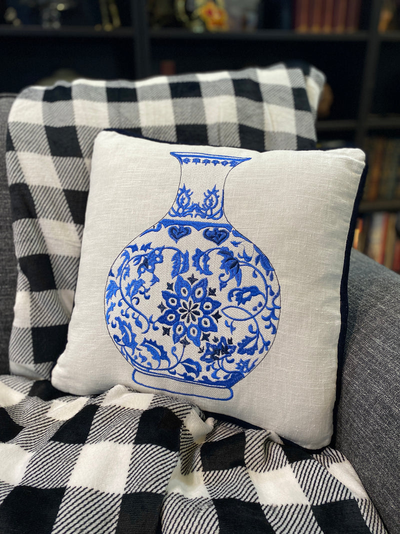 Embroidered Blue and White Chinoiserie Vase Pillow