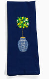 Embroidered Lemon Tree in Blue and White Planter Pot Navy Tea Towel