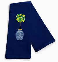 Embroidered Lemon Tree in Blue and White Planter Pot Navy Tea Towel