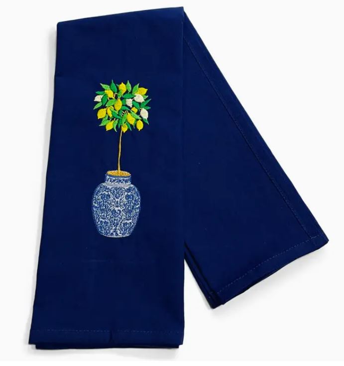 Embroidered Lemon Tree in Blue and White Planter Pot Navy Tea Towel