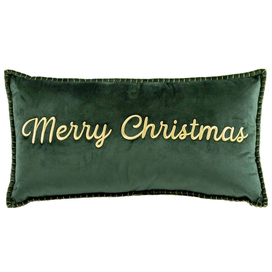 Merry Christmas Embroidered Pillow in Dark Green with Gold Stitching