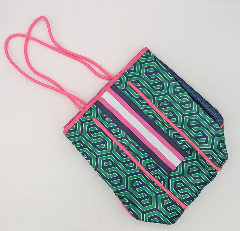 Carla City Bay Navy, Green and Pink Geometric Print Tote with Wristlet