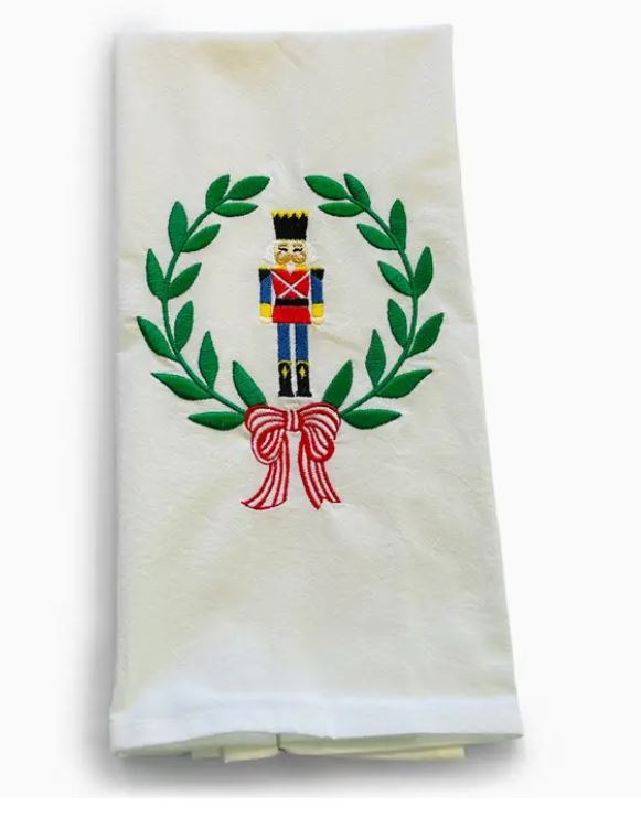 Embroidered Nutcracker in Laurel Wreath Tea Towel