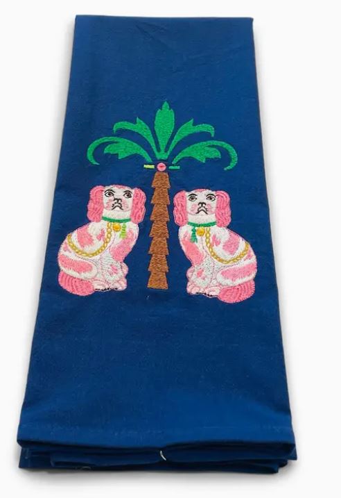 Embroidered Pink Staffordshire Dogs with Palm Tree Tea Towel