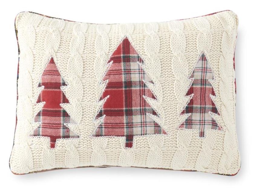 Cream Cable Knit Pillow with 3 Plaid Christmas Trees and Piping