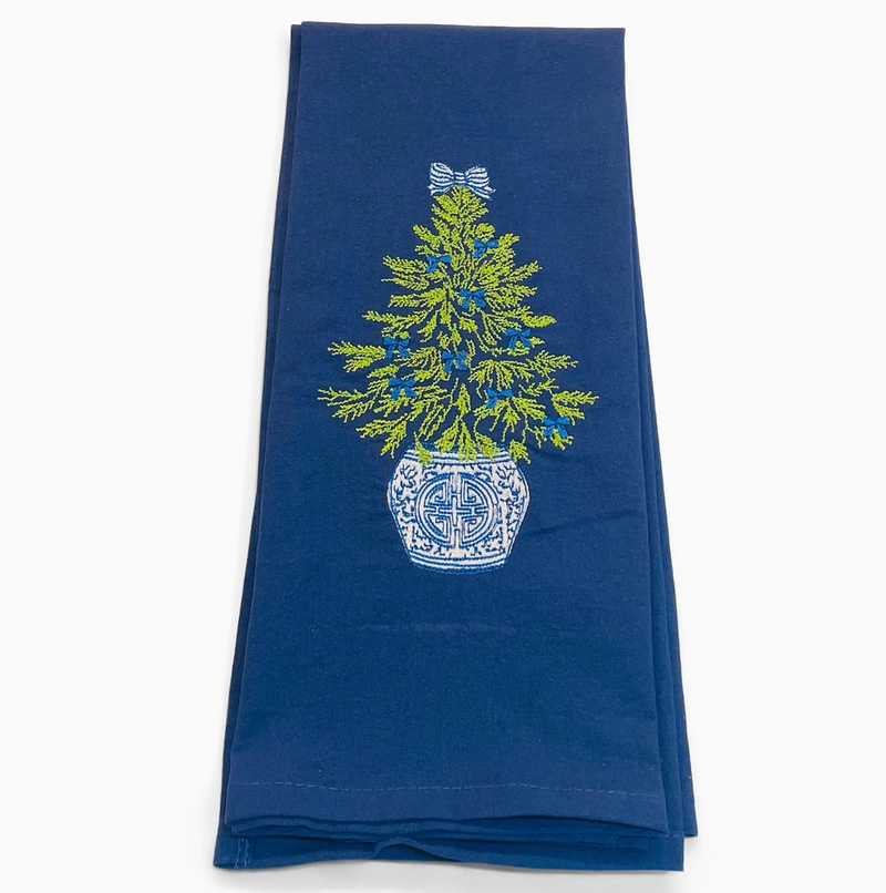 Embroidered Chinoiserie Tree with Blue Blows Tea Towel