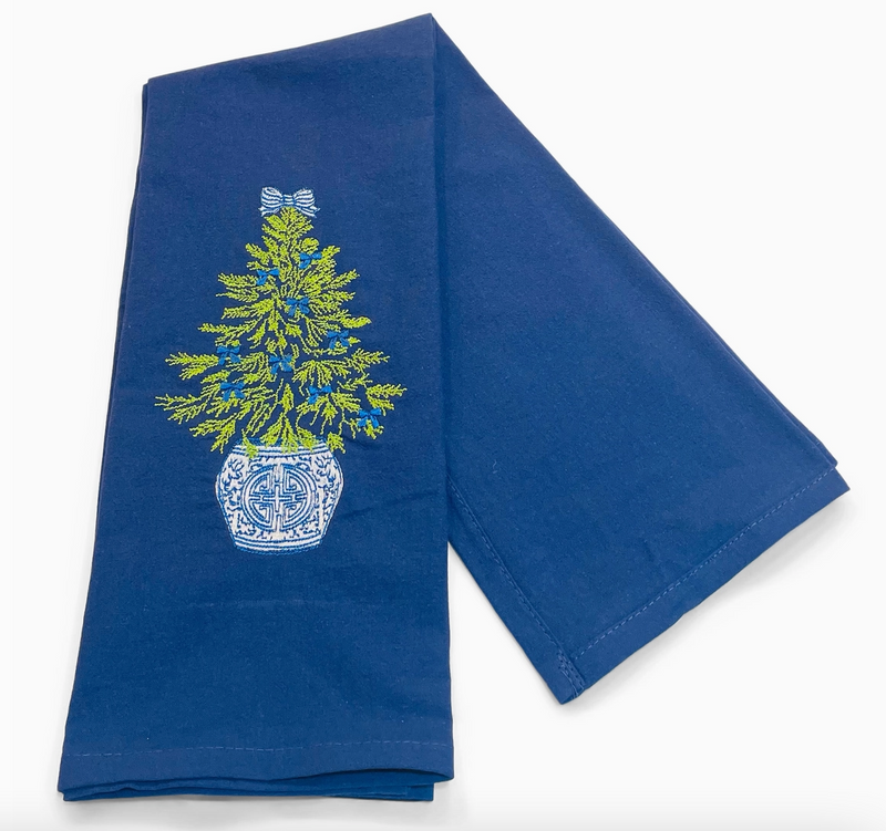 Embroidered Chinoiserie Tree with Blue Blows Tea Towel