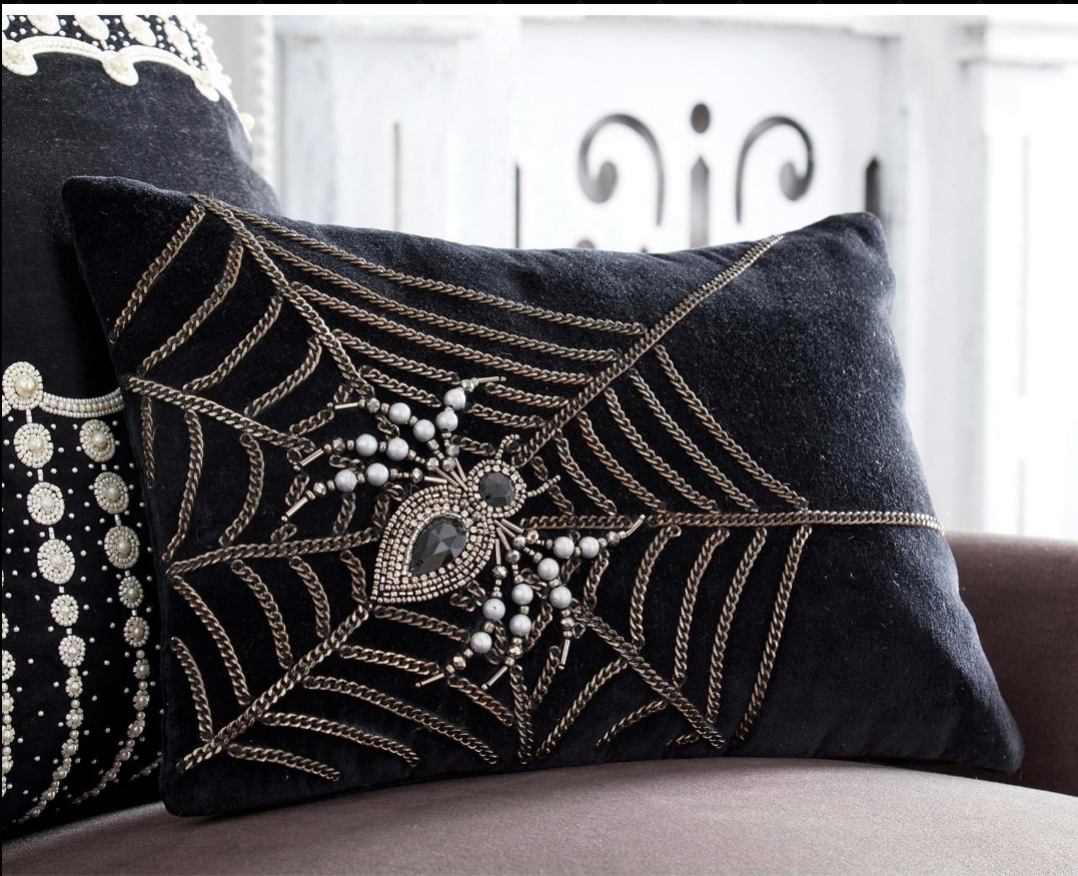Beaded Spider Black Velvet Pillow