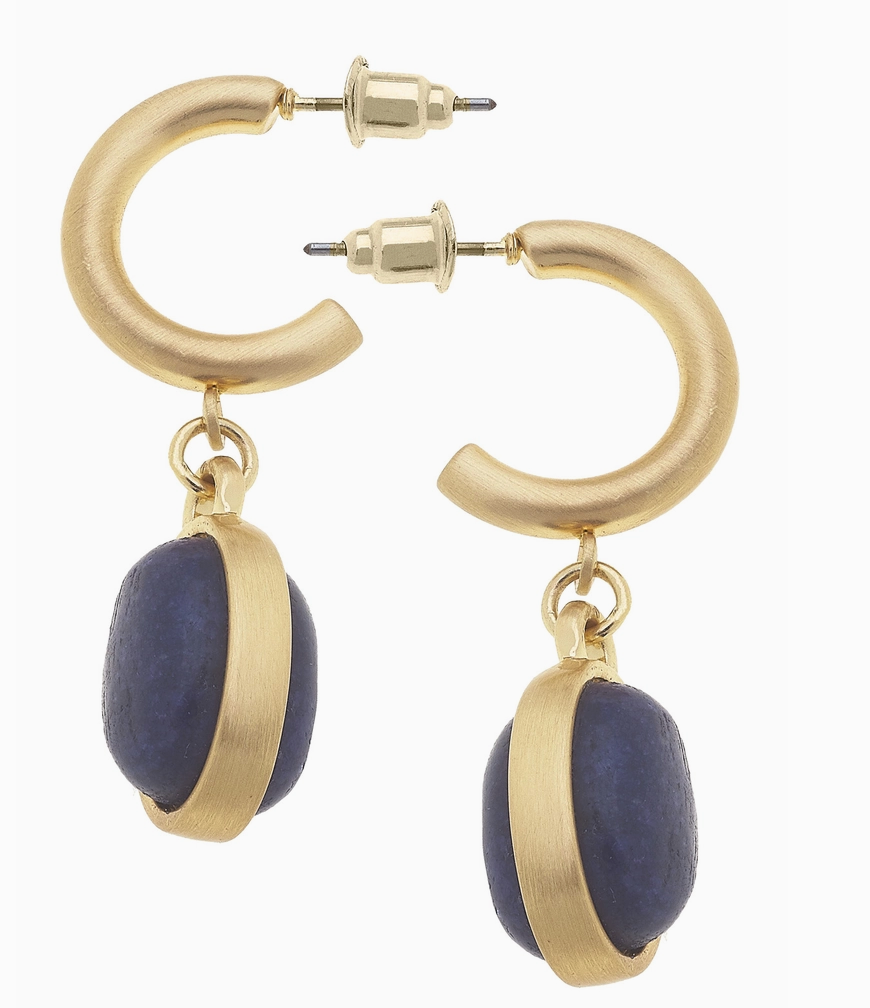 Caroline Gemstone Drop Hoop Earrings - Navy Blue Jade