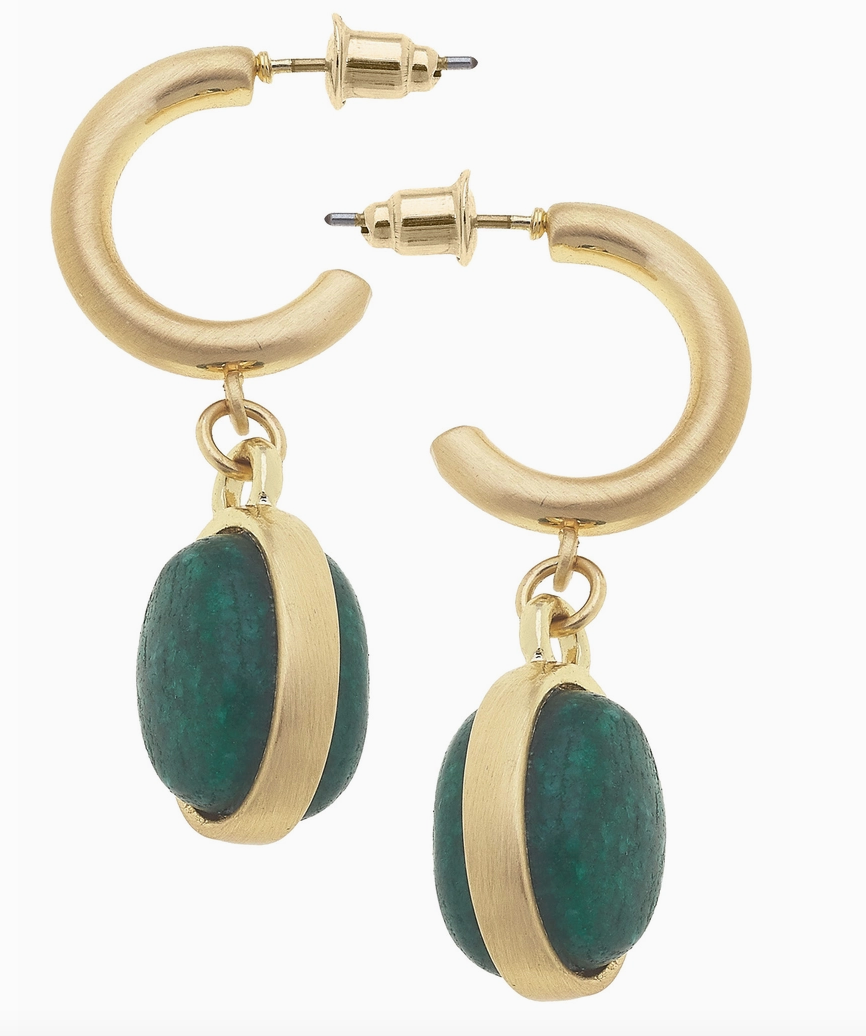 Caroline Gemstone Drop Hoop Earrings - Emerald Jade