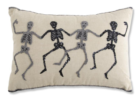 Tan Rectangle Halloween Pillow with Beaded Skeletons