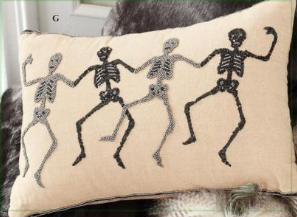 Tan Rectangle Halloween Pillow with Beaded Skeletons