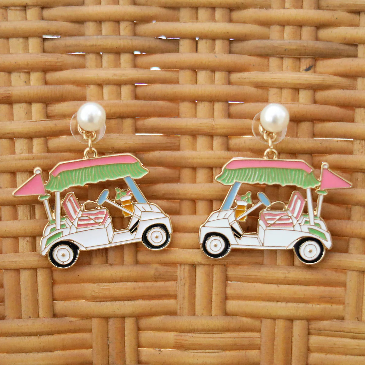 Pearl and Enamel Golf Cart Earrings