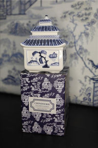 Blue & White Embossed Ceramic Chinoiserie Pagoda Candle