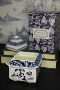 Blue & White Embossed Ceramic Chinoiserie Pagoda Candle