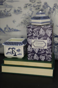 Blue & White Embossed Ceramic Chinoiserie Pagoda Candle