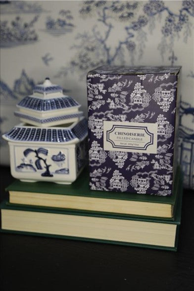 Blue & White Embossed Ceramic Chinoiserie Pagoda Candle