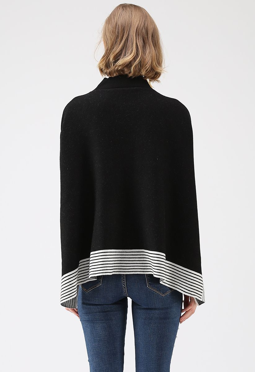 Black Oversized Cape Sweater with White Stripes