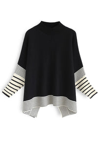 Black Oversized Cape Sweater with White Stripes