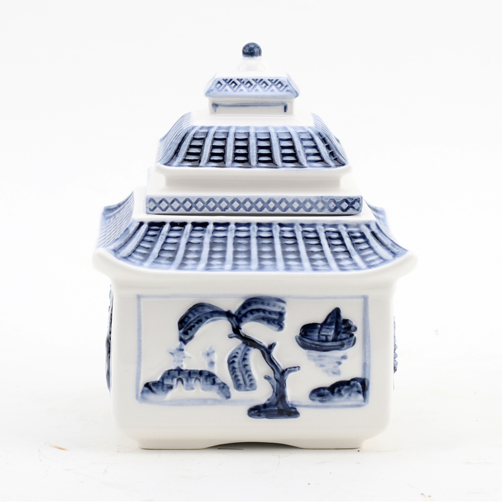 Blue & White Embossed Ceramic Chinoiserie Pagoda Candle