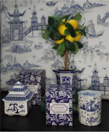 Blue & White Embossed Ceramic Chinoiserie Pagoda Candle