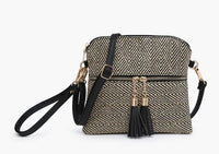 Black and Tan Fabric Crossbody with Double Tassels