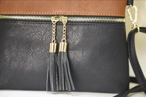 Black and Brown Crossbody with Double Tassels