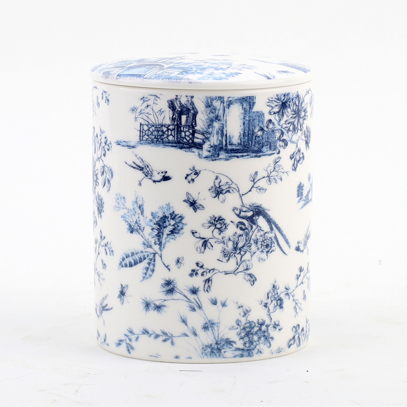 Blue & White Round Porcelain Chinoiserie Candle